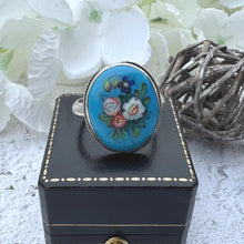 Load image into Gallery viewer, Antique Victorian Silver, Blue Enamel Flower Ring: Hand-Painted Porcelain Roses &amp; Violet
