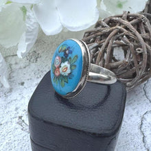 Load image into Gallery viewer, Antique Victorian Silver, Blue Enamel Flower Ring: Hand-Painted Porcelain Roses &amp; Violet
