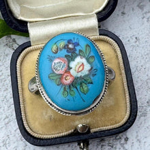 Load image into Gallery viewer, Antique Victorian Silver, Blue Enamel Flower Ring: Hand-Painted Porcelain Roses &amp; Violet

