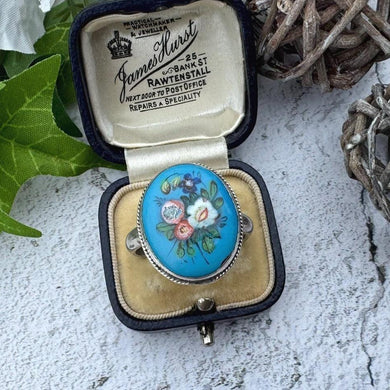 Antique Victorian Silver, Blue Enamel Flower Ring: Hand-Painted Porcelain Roses & Violet