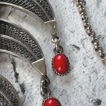Load image into Gallery viewer, Vintage Egyptian Silver Coral Crescent Moon Chandelier Pendant Necklace
