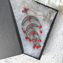 Load image into Gallery viewer, Vintage Egyptian Silver Coral Crescent Moon Chandelier Pendant Necklace
