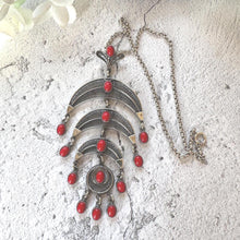 Load image into Gallery viewer, Vintage Egyptian Silver Coral Crescent Moon Chandelier Pendant Necklace
