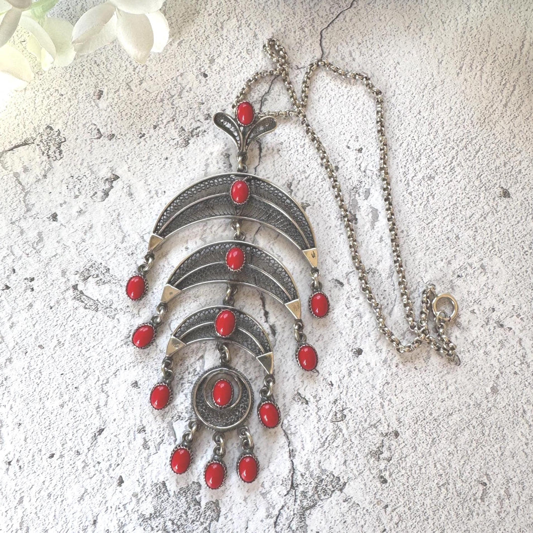 Vintage Egyptian Silver Coral Crescent Moon Chandelier Pendant Necklace