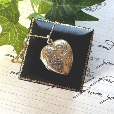 Antique Victorian 9ct Gold Floral Engraved Heart Shaped Locket Necklace