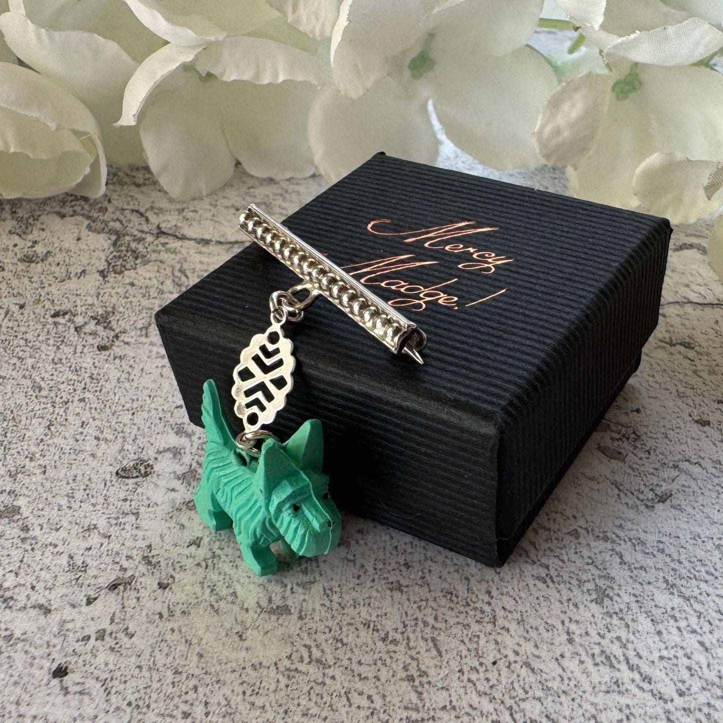 Antique Art Deco Sterling Silver & Celluloid Scottie Dog Lapel Pin: Charles Horner Attributed