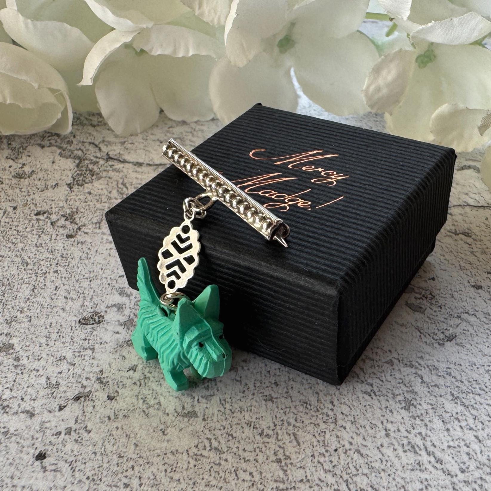 Antique Art Deco Sterling Silver & Celluloid Scottie Dog Lapel Pin: Charles Horner Attributed