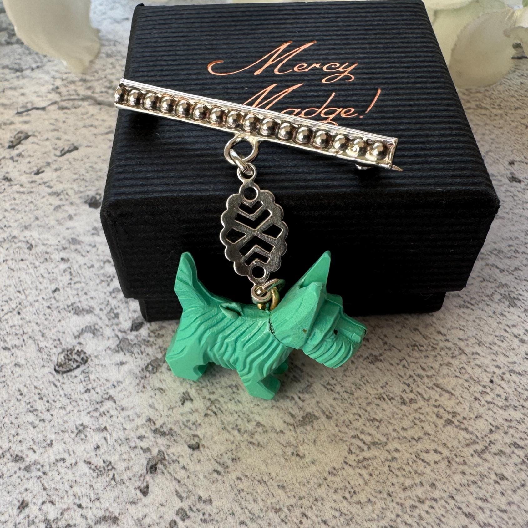 Antique Art Deco Sterling Silver & Celluloid Scottie Dog Lapel Pin: Charles Horner Attributed