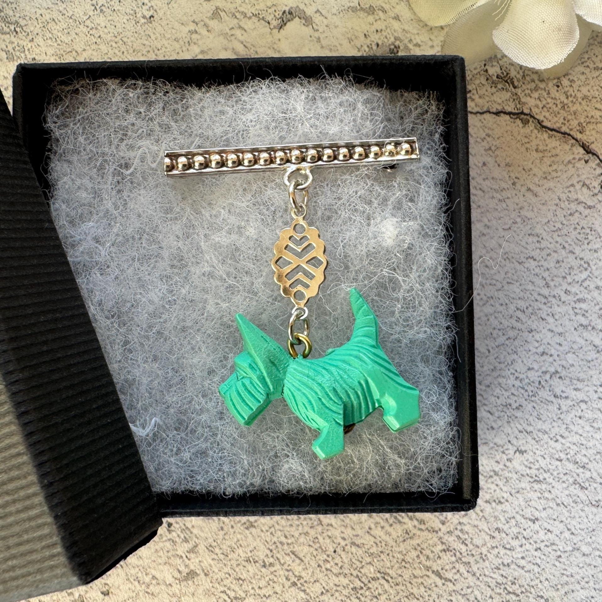 Antique Art Deco Sterling Silver & Celluloid Scottie Dog Lapel Pin: Charles Horner Attributed