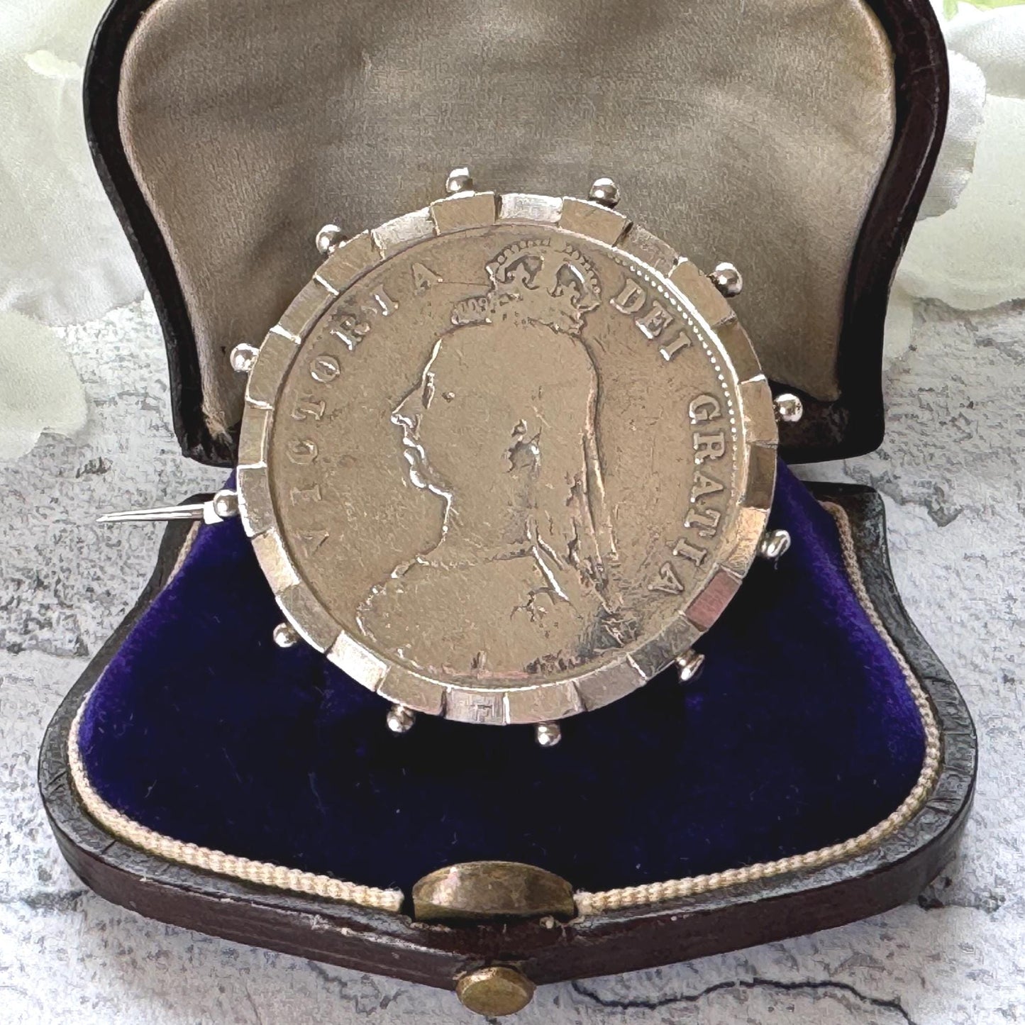 Antique Sterling Silver Queen Victoria Large Coin Brooch: 1887 Jubilee Full Crown Lapel Pin