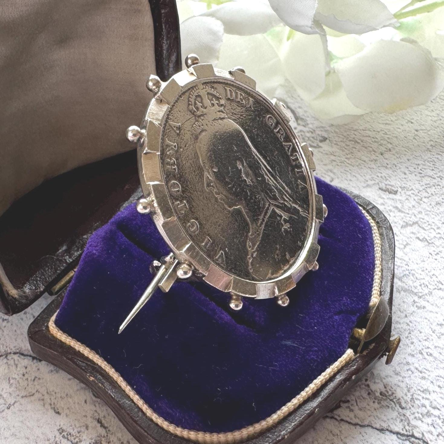 Antique Sterling Silver Queen Victoria Large Coin Brooch: 1887 Jubilee Full Crown Lapel Pin