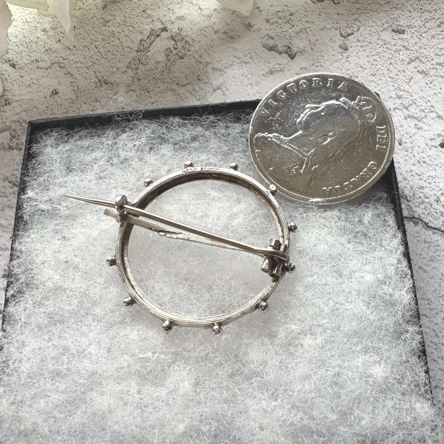 Antique Sterling Silver Queen Victoria Large Coin Brooch: 1887 Jubilee Full Crown Lapel Pin