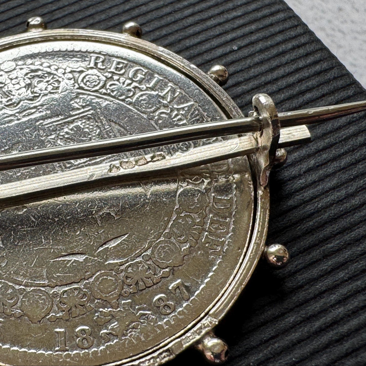 Antique Sterling Silver Queen Victoria Large Coin Brooch: 1887 Jubilee Full Crown Lapel Pin