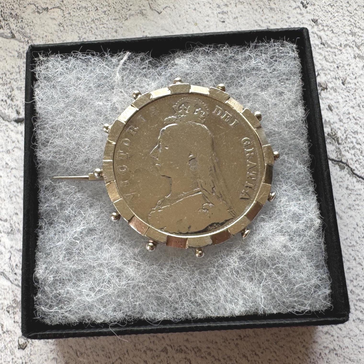 Antique Sterling Silver Queen Victoria Large Coin Brooch: 1887 Jubilee Full Crown Lapel Pin