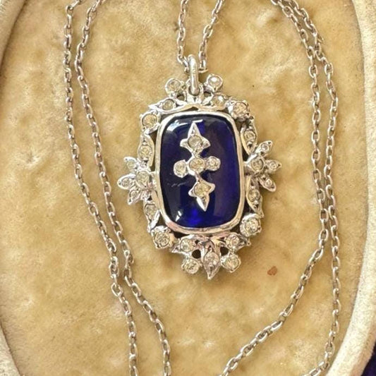 Antique Georgian Bristol Blue Glass & Paste Diamond Pendant Necklace