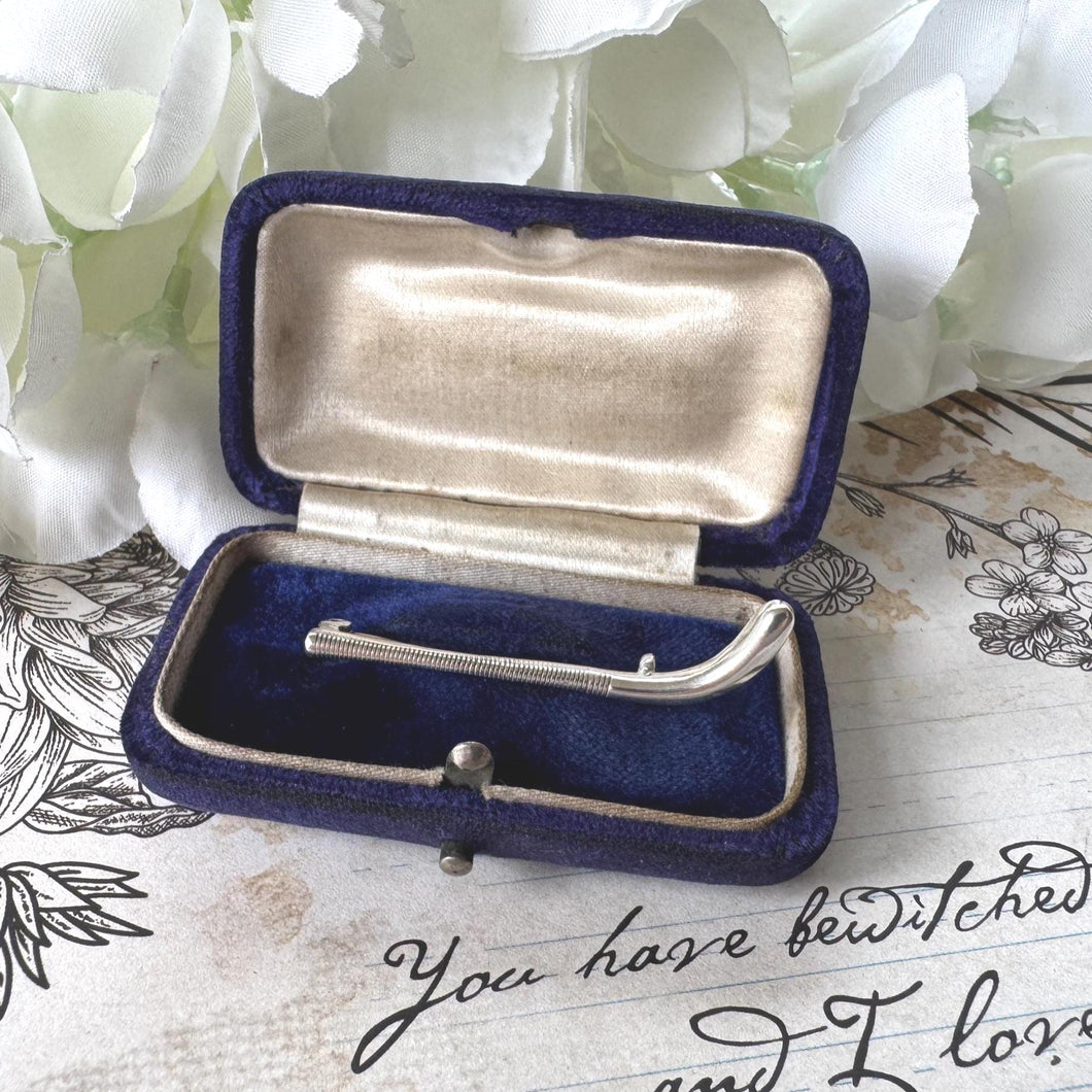 Antique Sterling Silver Hockey Stick Figural Brooch: Boxed Charles Horner Lapel Pin, Chester 1911