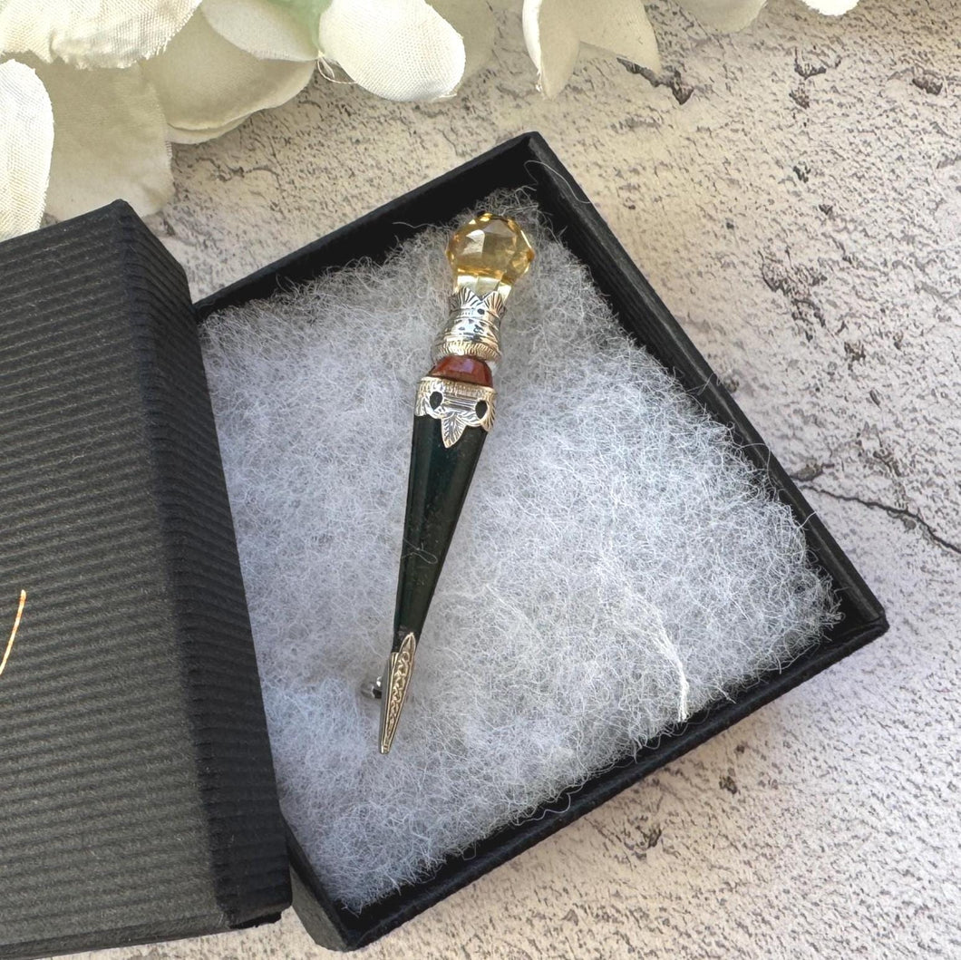 Victorian Scottish Citrine Thistle Sgian Dubh Silver Brooch: Antique Sterling Silver Figural Lapel Pin