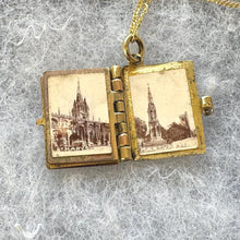 Load image into Gallery viewer, Antique Edwardian Miniature Brass &amp; Enamel Photo Book Charm OXFORD: Novelty Pendant and Chain
