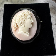 Load image into Gallery viewer, Antique Victorian Carved Coral Cameo Whitby Jet Brooch
