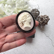 Load image into Gallery viewer, Antique Victorian Carved Coral Cameo Whitby Jet Brooch
