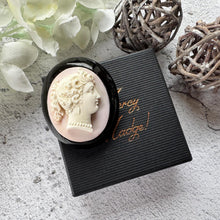 Load image into Gallery viewer, Antique Victorian Carved Coral Cameo Whitby Jet Brooch
