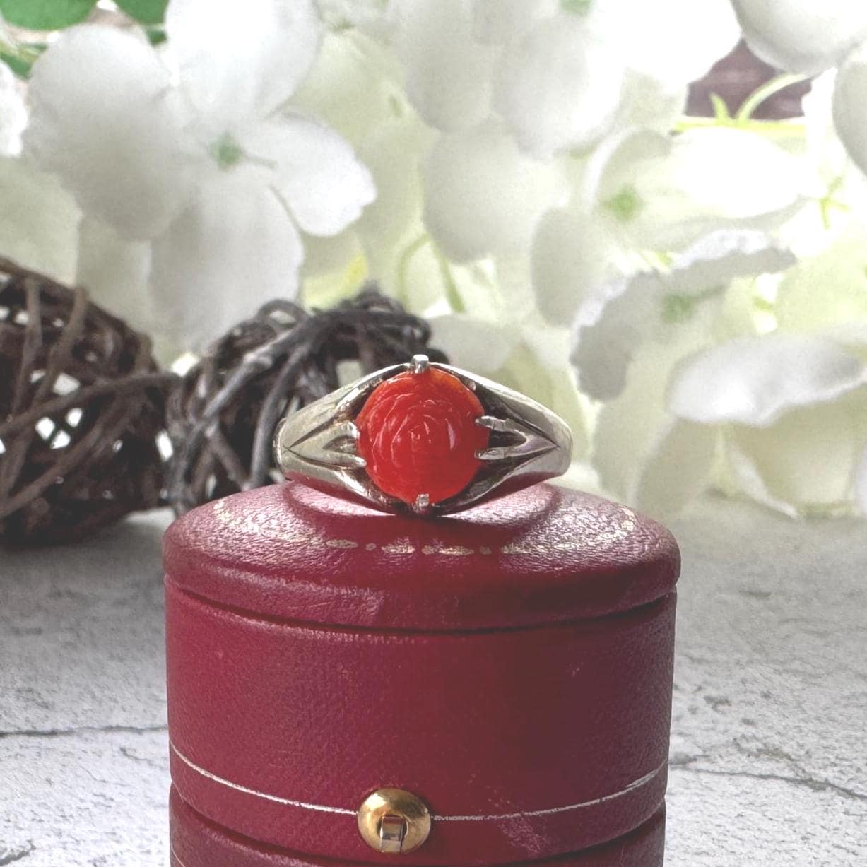 Antique Art Deco Carved Coral Rose Belcher Ring: 1920's Chinese Export, Size N/ 6-3/4