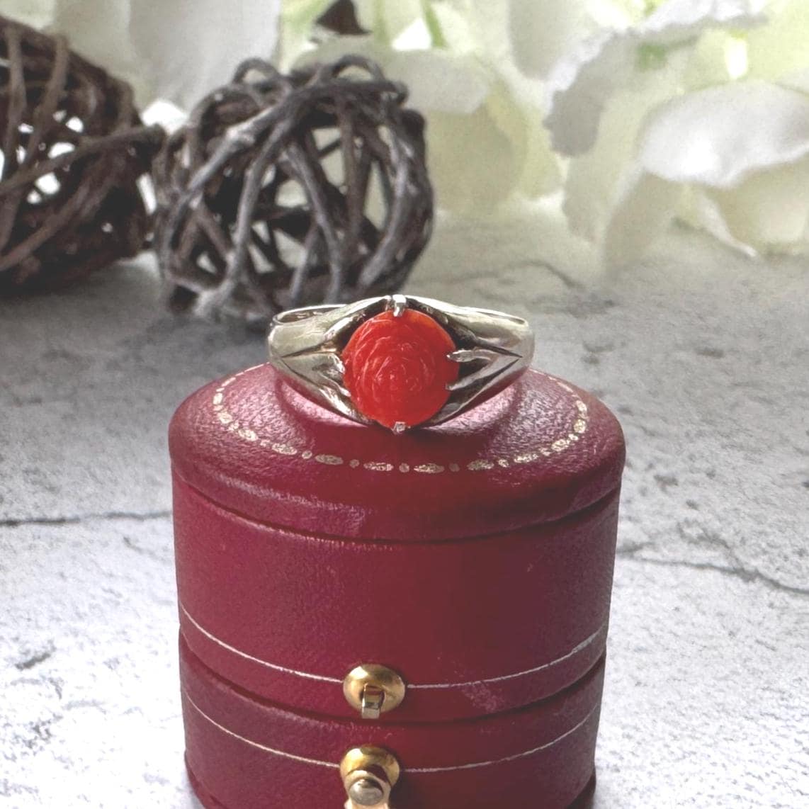 Antique Art Deco Carved Coral Rose Belcher Ring: 1920's Chinese Export, Size N/ 6-3/4