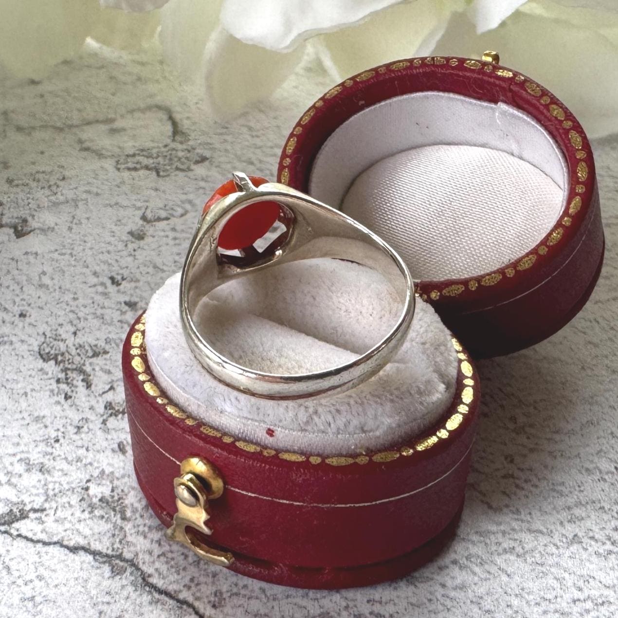 Antique Art Deco Carved Coral Rose Belcher Ring: 1920's Chinese Export, Size N/ 6-3/4