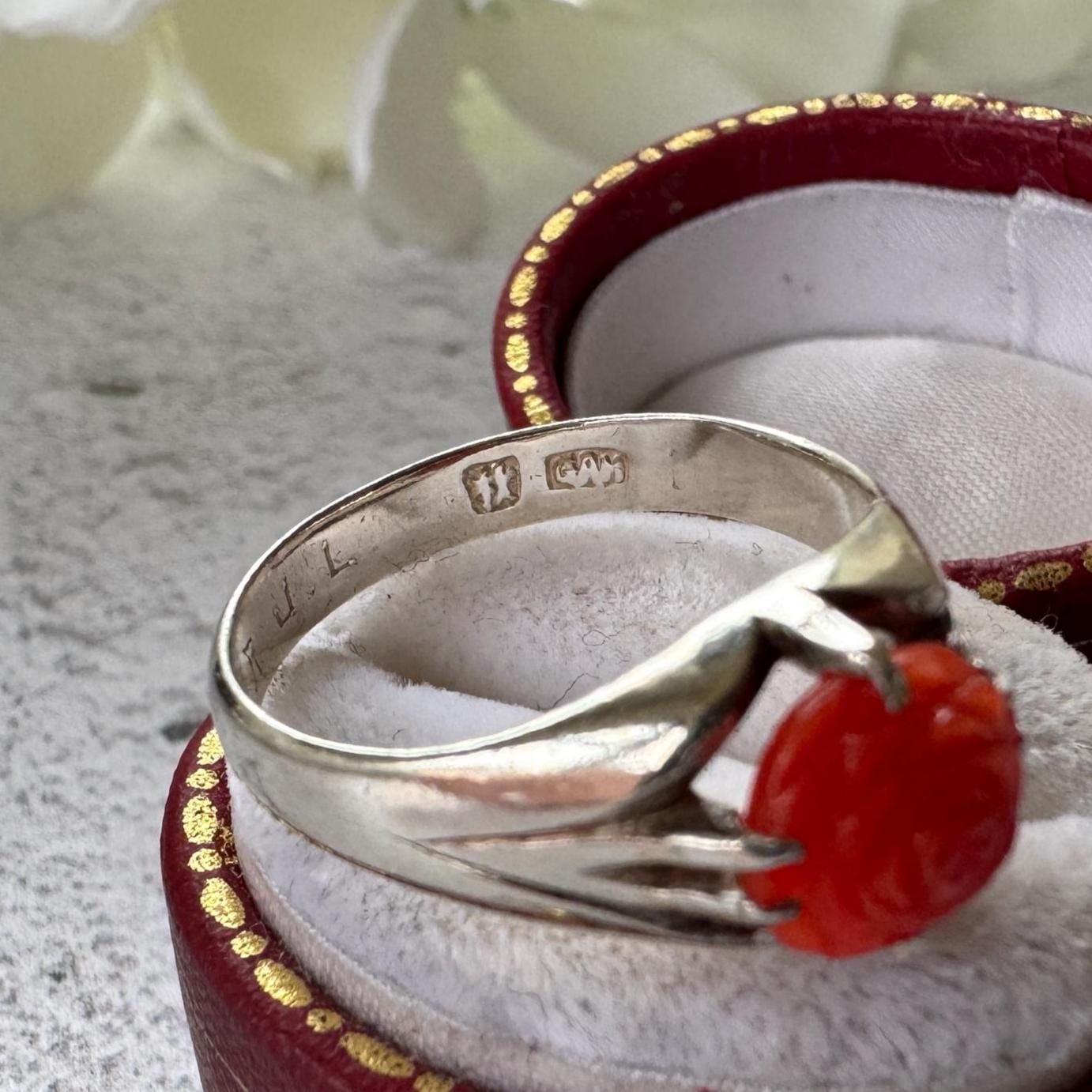 Antique Art Deco Carved Coral Rose Belcher Ring: 1920's Chinese Export, Size N/ 6-3/4