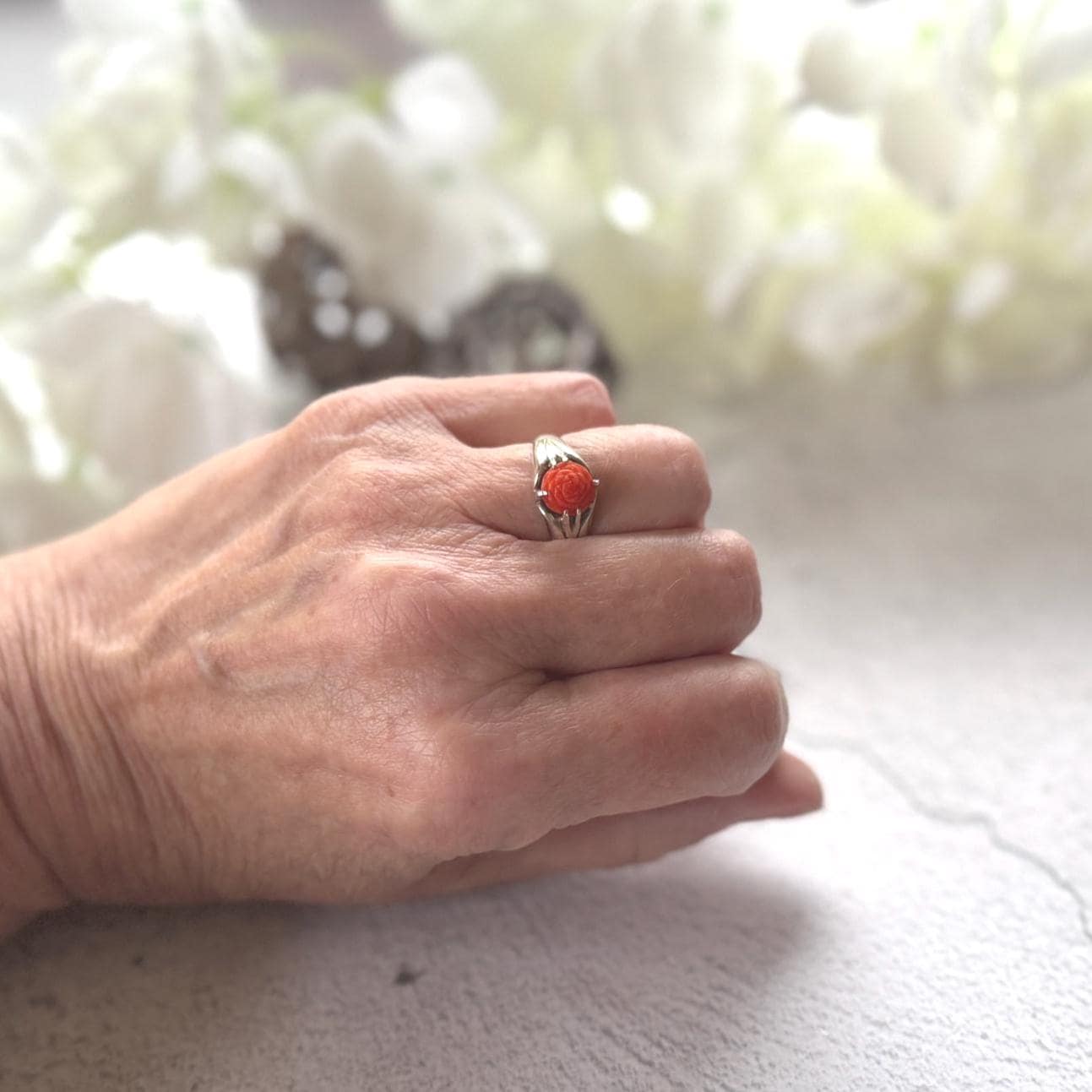 Antique Art Deco Carved Coral Rose Belcher Ring: 1920's Chinese Export, Size N/ 6-3/4