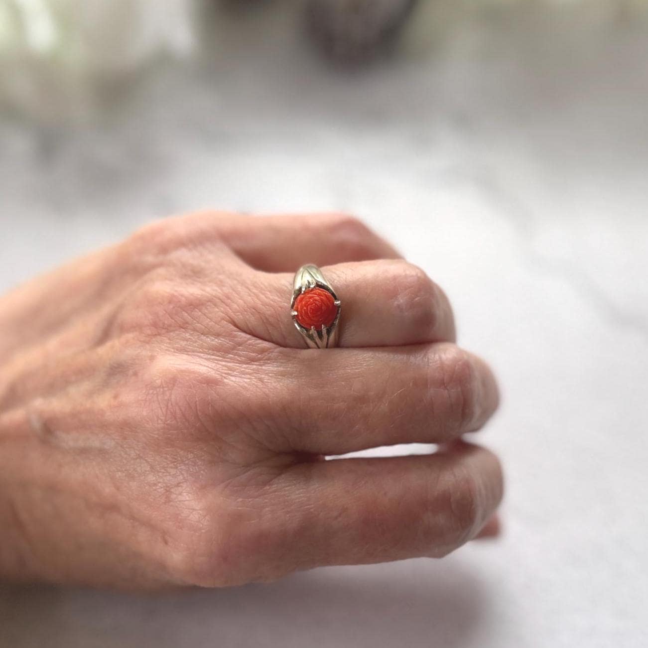 Antique Art Deco Carved Coral Rose Belcher Ring: 1920's Chinese Export, Size N/ 6-3/4