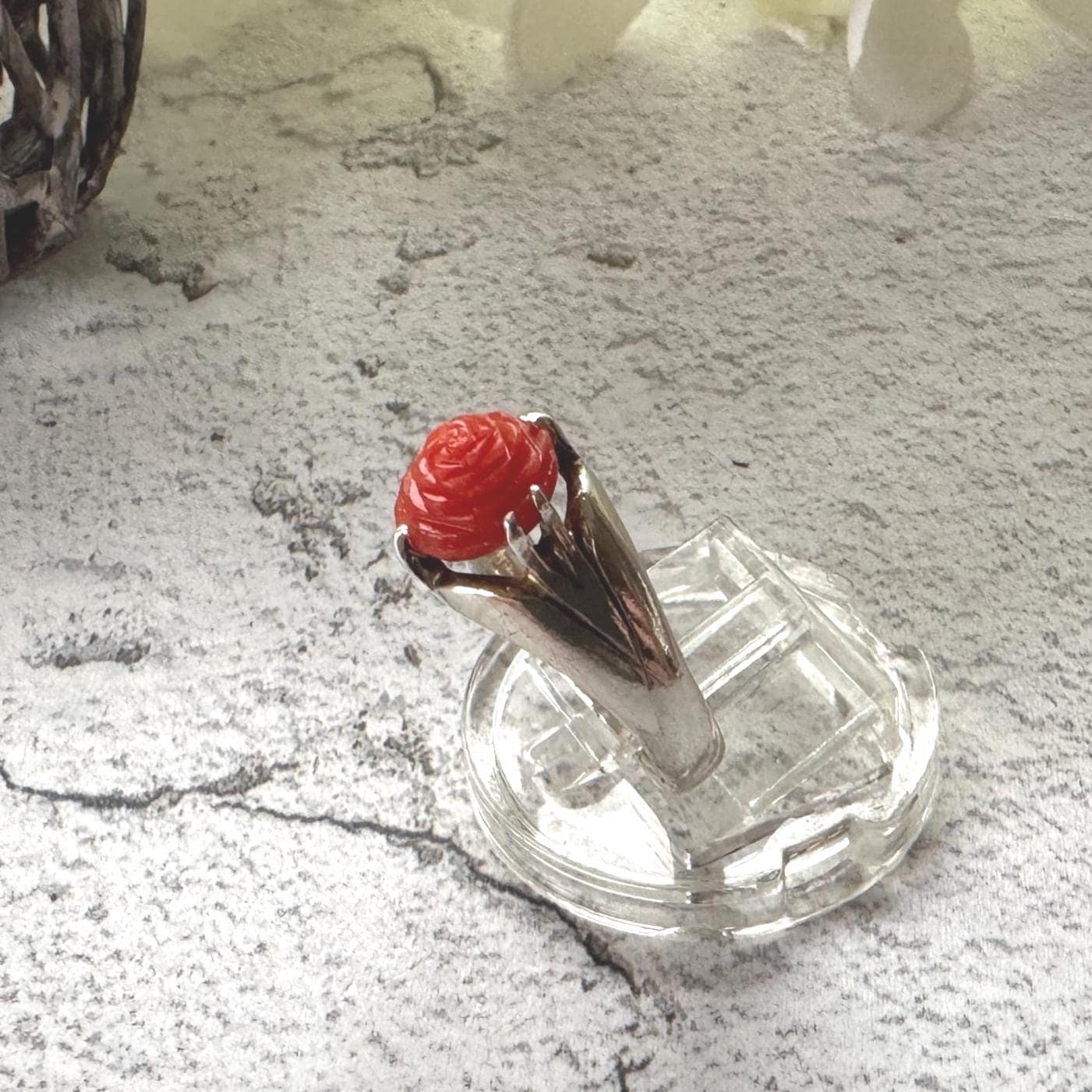 Antique Art Deco Carved Coral Rose Belcher Ring: 1920's Chinese Export, Size N/ 6-3/4