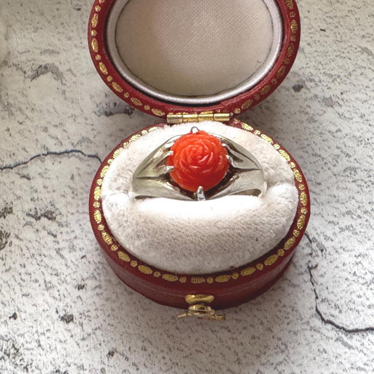 Antique Art Deco Carved Coral Rose Belcher Ring: 1920's Chinese Export, Size N/ 6-3/4
