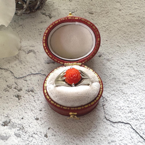 Antique Art Deco Carved Coral Rose Belcher Ring: 1920's Chinese Export, Size N/ 6-3/4