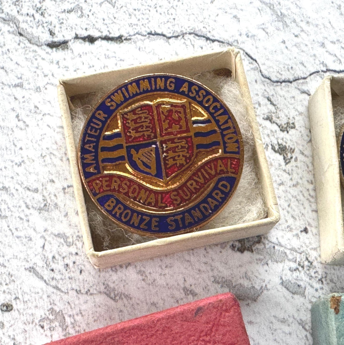 Vintage Amatuer Swimming Association Enamel Badge Set: Gold, Silver, Bronze ASA Awards, Mint, Original Boxes