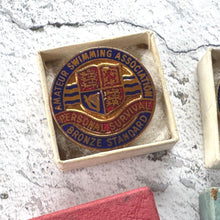 Load image into Gallery viewer, Vintage Amatuer Swimming Association Enamel Badge Set: Gold, Silver, Bronze ASA Awards, Mint, Original Boxes
