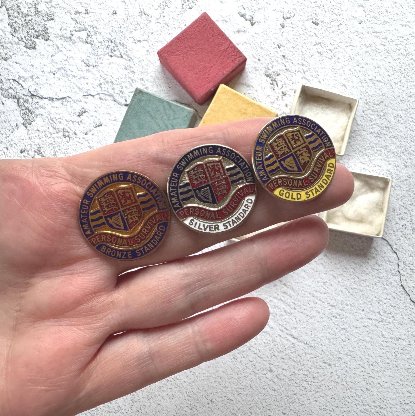 Vintage Amatuer Swimming Association Enamel Badge Set: Gold, Silver, Bronze ASA Awards, Mint, Original Boxes