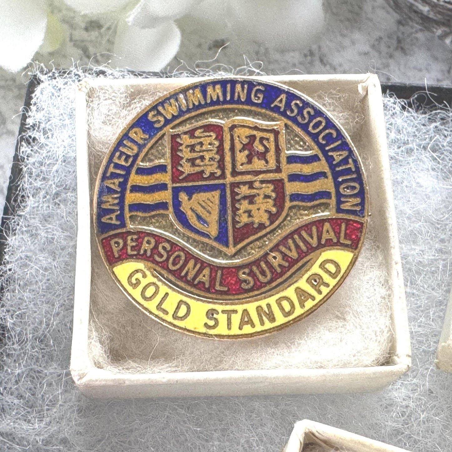 Vintage Amatuer Swimming Association Enamel Badge Set: Gold, Silver, Bronze ASA Awards, Mint, Original Boxes