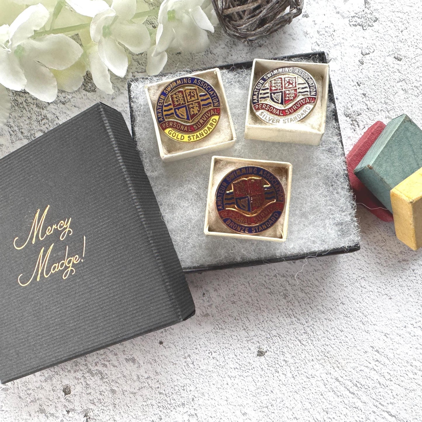 Vintage Amatuer Swimming Association Enamel Badge Set: Gold, Silver, Bronze ASA Awards, Mint, Original Boxes