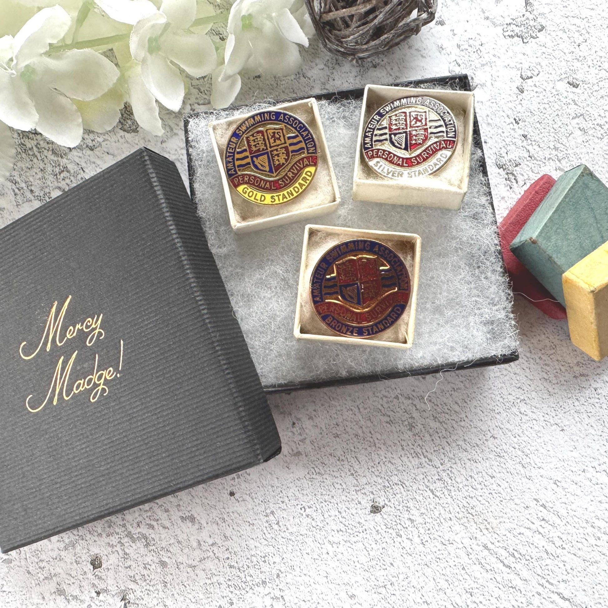 Vintage Amatuer Swimming Association Enamel Badge Set: Gold, Silver, Bronze ASA Awards, Mint, Original Boxes