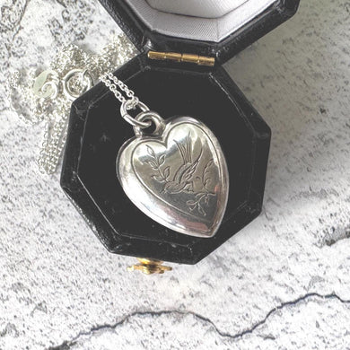 Antique Victorian Engraved Swallow Heart Pendant Necklace: Sterling Silver Love Token