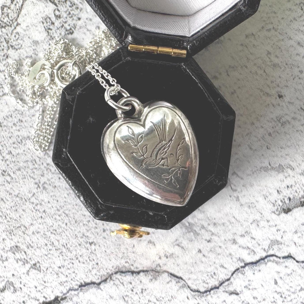 Antique Victorian Engraved Swallow Heart Pendant Necklace: Sterling Silver Love Token