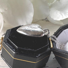 Load image into Gallery viewer, Antique Victorian Engraved Swallow Heart Pendant Necklace: Sterling Silver Love Token
