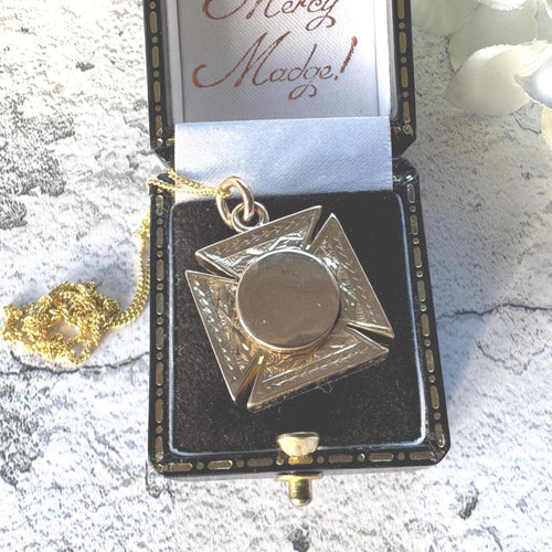Antique Victorian 9ct Gold Engraved Maltese Cross Hidden Locket Pendant: Optional Chain