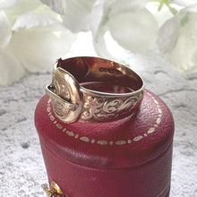 Load image into Gallery viewer, Vintage 9ct Yellow Gold Wide Buckle Ring: Art Nouveau Style Floral Engraved Band, Size O/7.25
