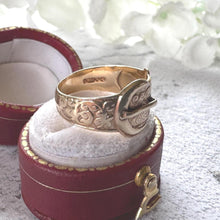 Load image into Gallery viewer, Vintage 9ct Yellow Gold Wide Buckle Ring: Art Nouveau Style Floral Engraved Band, Size O/7.25

