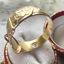 Load image into Gallery viewer, Vintage 9ct Yellow Gold Wide Buckle Ring: Art Nouveau Style Floral Engraved Band, Size O/7.25
