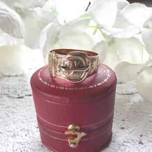 Load image into Gallery viewer, Vintage 9ct Yellow Gold Wide Buckle Ring: Art Nouveau Style Floral Engraved Band, Size O/7.25
