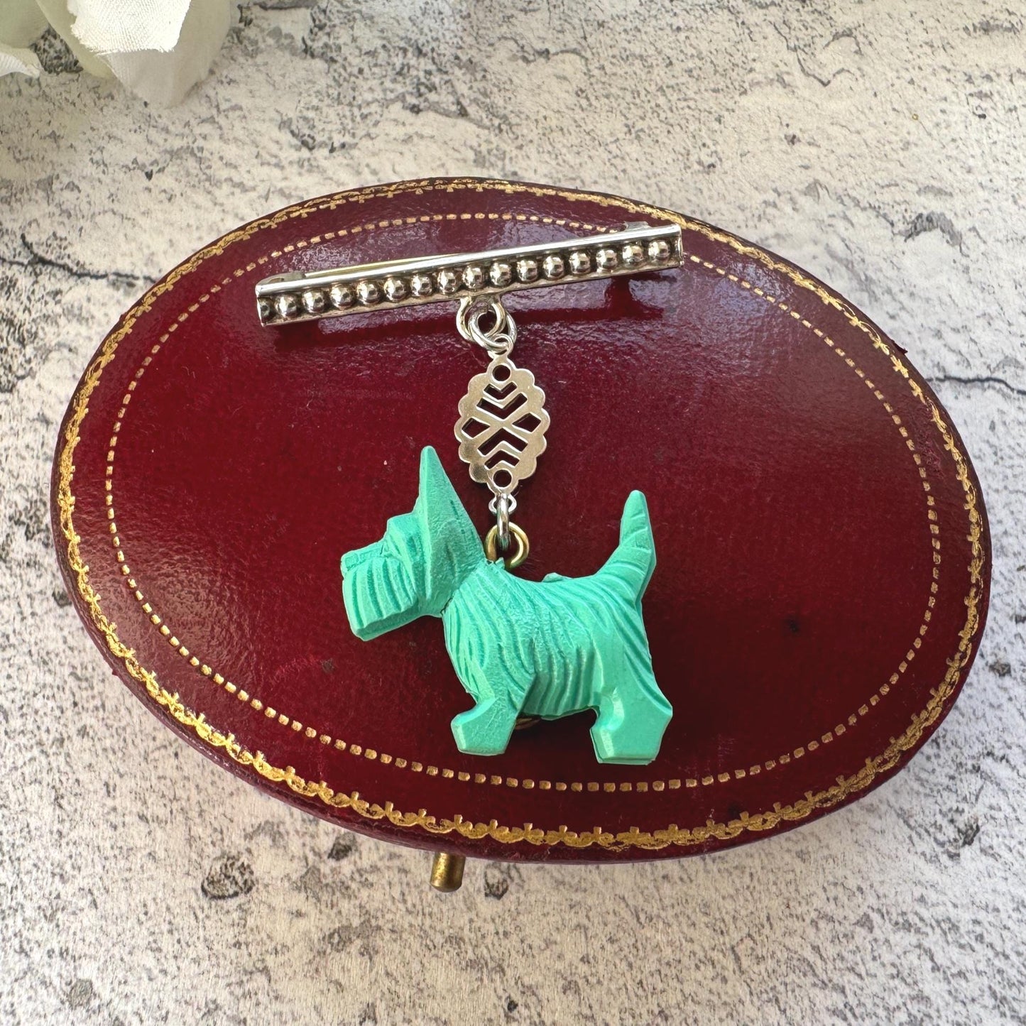 Antique Art Deco Sterling Silver & Celluloid Scottie Dog Lapel Pin: Charles Horner Attributed