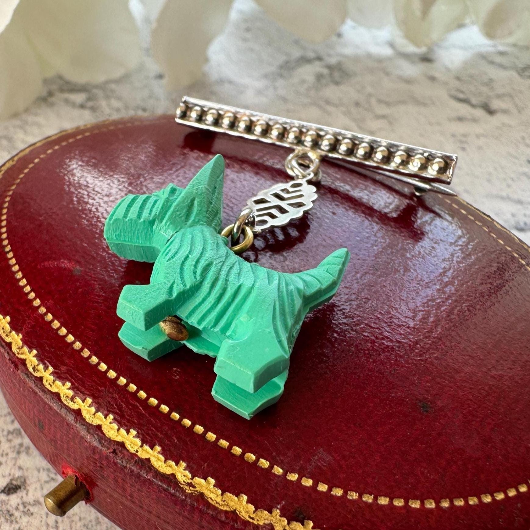 Antique Art Deco Sterling Silver & Celluloid Scottie Dog Lapel Pin: Charles Horner Attributed
